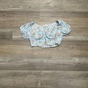 Blue and White Puff Sleeve Crop Top